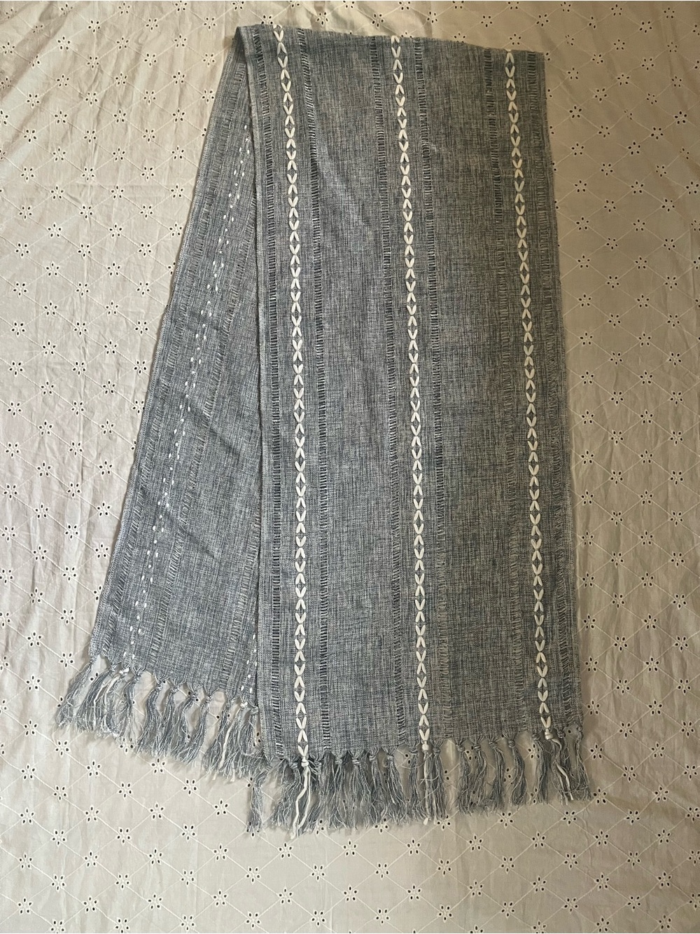 78x16 blue Woven table runner with White Stripe Detail